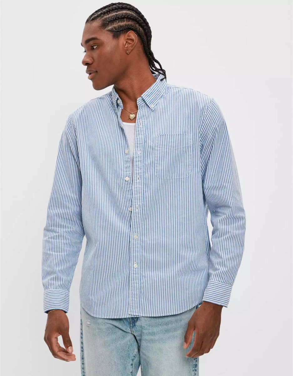 Hauts Flanelle American Eagle AE Everyday Rayé Oxford Button-Up Shirt Bleu Homme | GVD-31019974